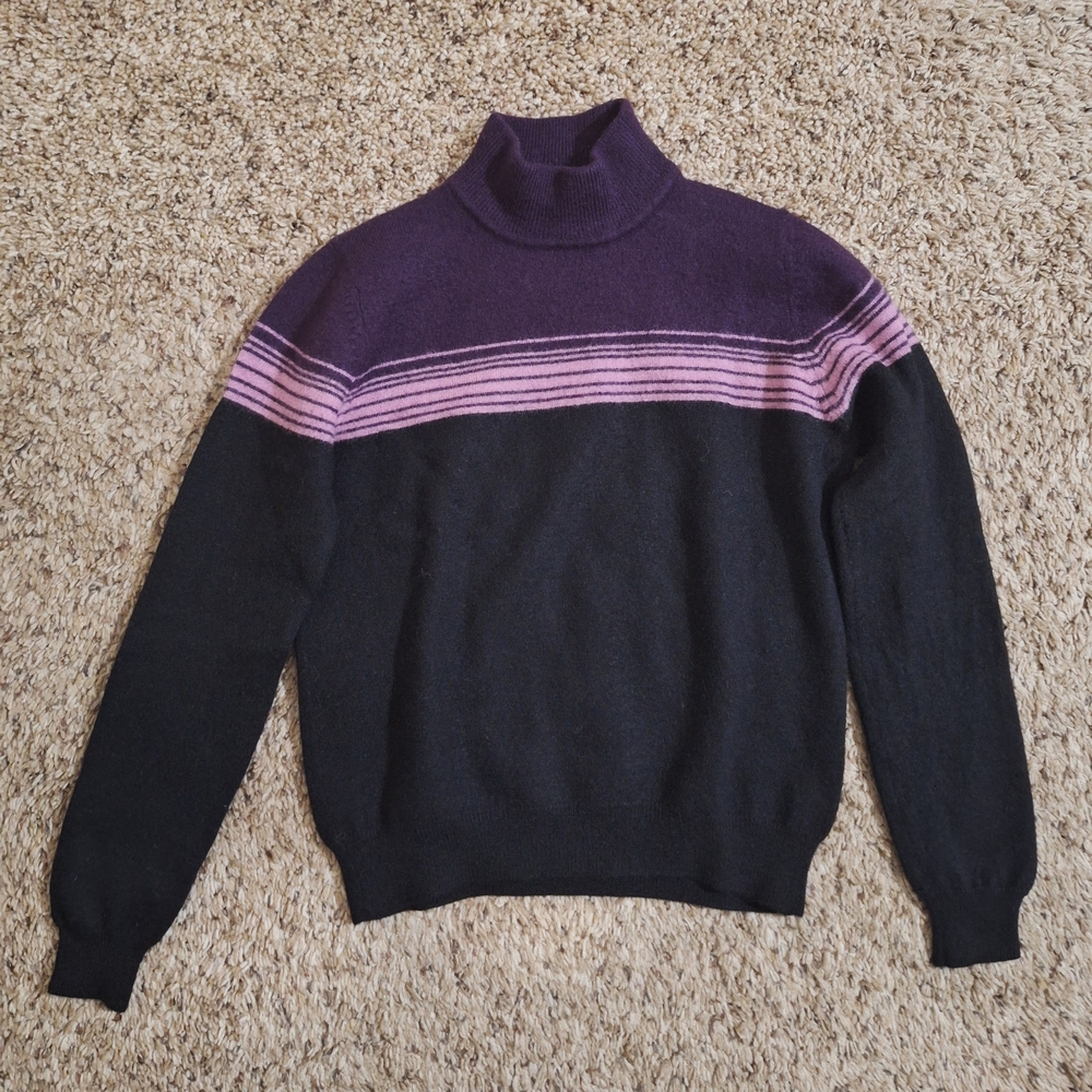Charter Club Black And Purple Striped Merino Wool Turtleneck Sweater